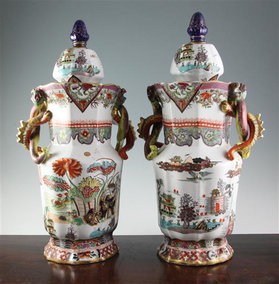 A pair of large Masons ironstone chinoiserie vases and covers, c.1825, 54.5cm (slight damage)